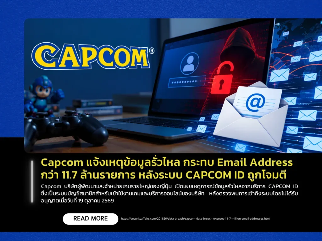 Capcom แจ้งเหตุข้อมูลรั่วไหล กระทบ Email Address กว่า 11.7 ล้านรายการ หลังระบบ CAPCOM ID ถูกโจมตี